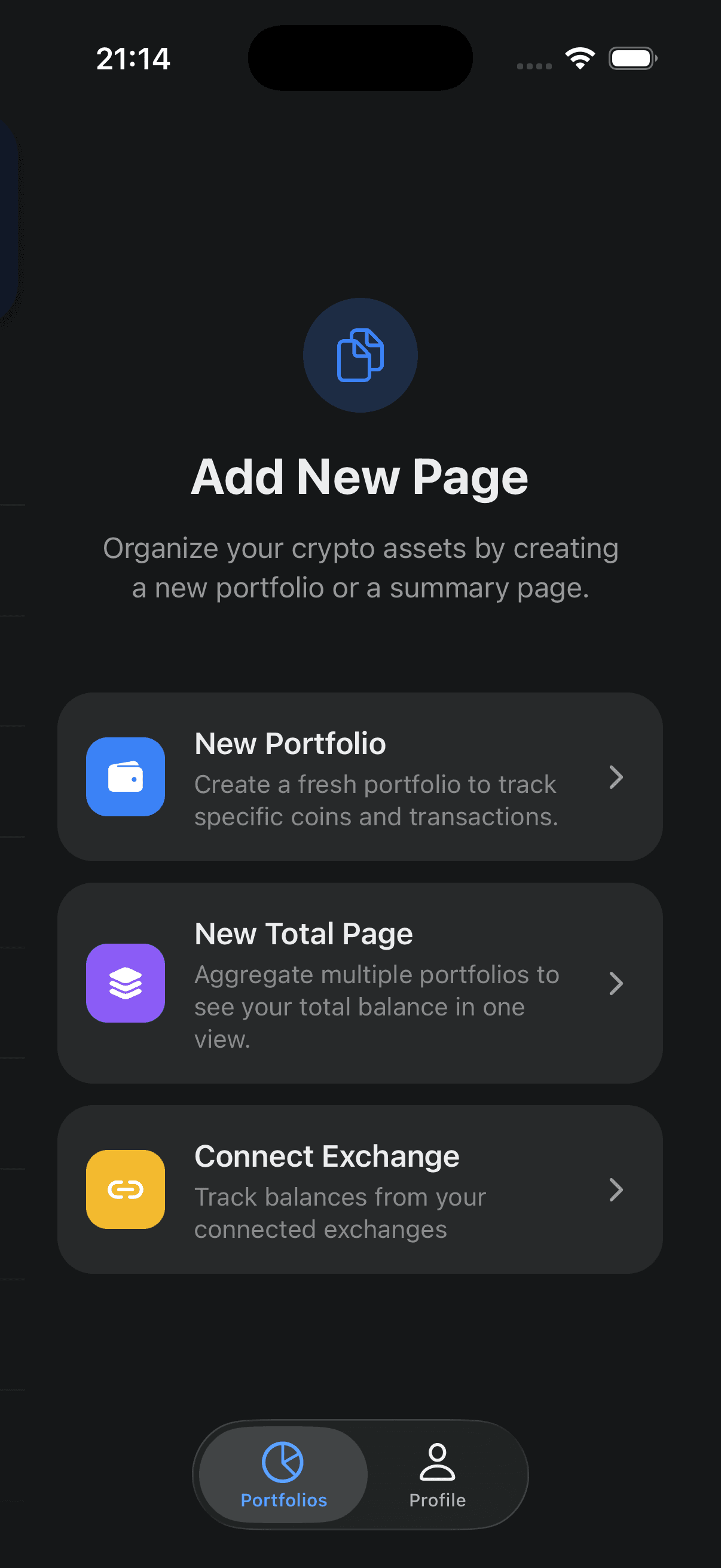 The app's Add New Page screen, offering New Portfolio, New Total Page and Connect Exchange options.