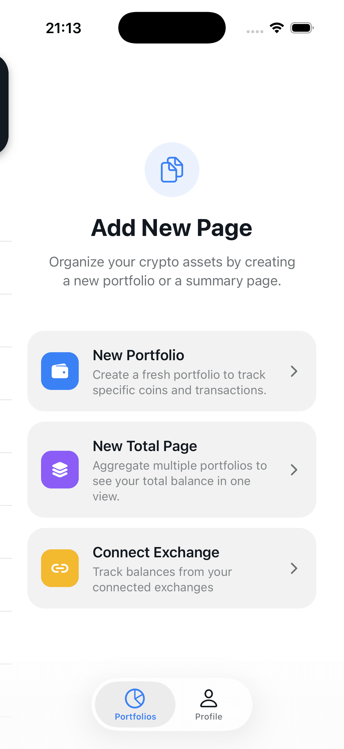 The app's Add New Page screen, offering New Portfolio, New Total Page and Connect Exchange options.