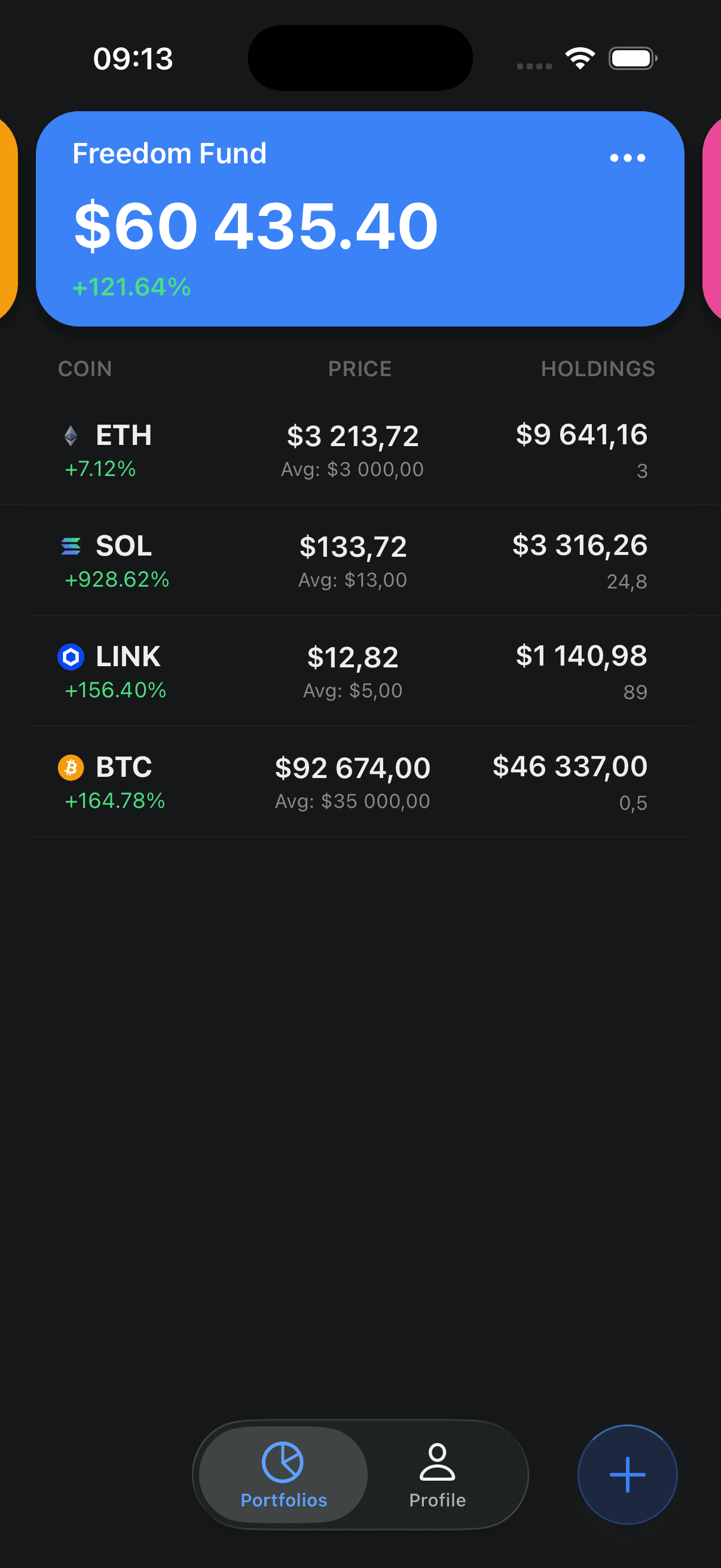 The app's portfolio screen, showing a Freedom Fund portfolio valued at $60,435.40 and up 121.64%, with ETH, SOL, LINK and BTC holdings listed by price and value.