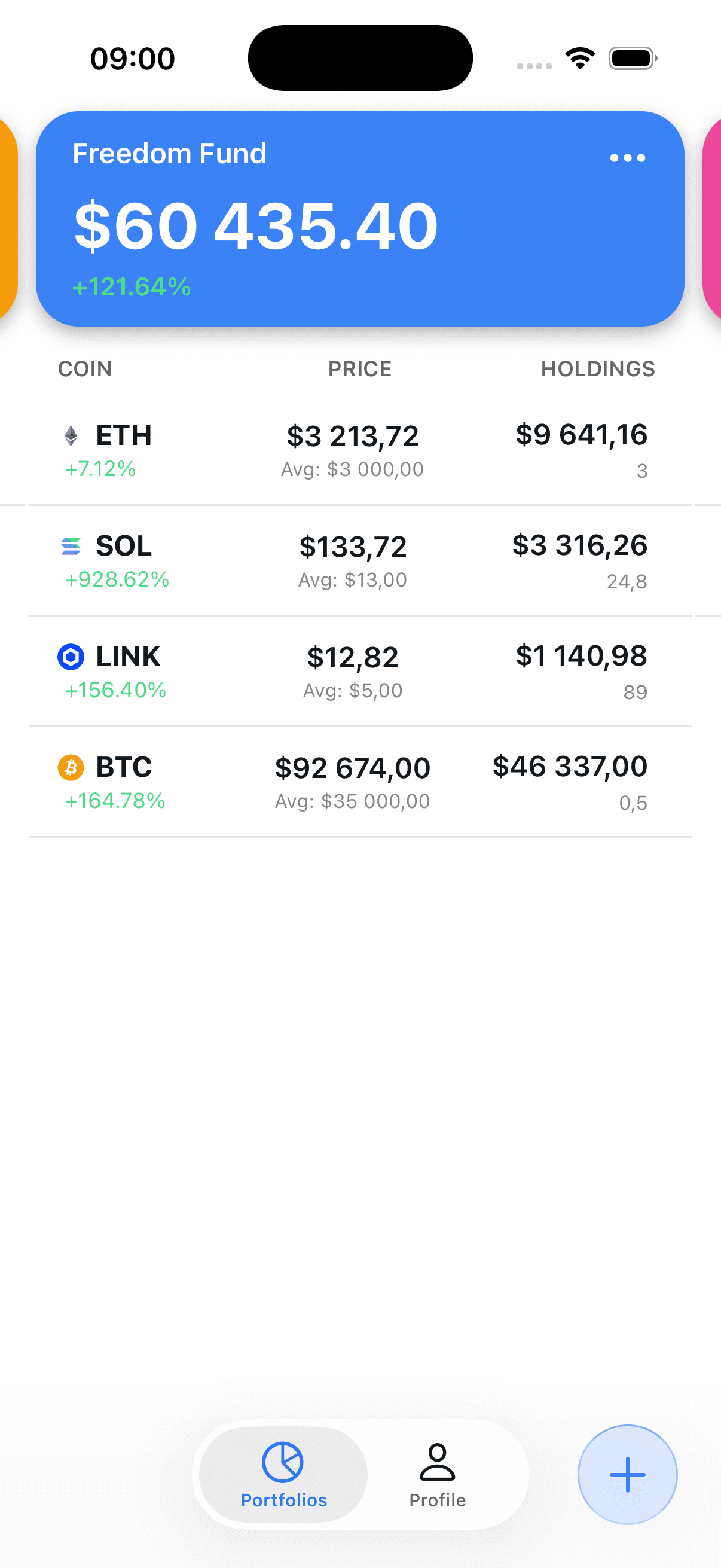 The app's portfolio screen, showing a Freedom Fund portfolio valued at $60,435.40 and up 121.64%, with ETH, SOL, LINK and BTC holdings listed by price and value.